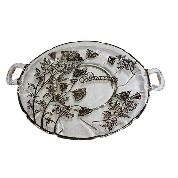 25th Anniversary Platter Handled Plate Silver Overlay Flowers Wedding - Picture 3 of 15